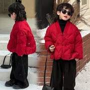 男童拜年服新中式外套，儿童羽绒服男孩唐装汉服，中国风红色新年衣服