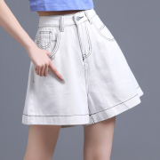 白色明线高腰牛仔短裤女夏季2024年宽松阔腿裤三分裤显瘦热裤