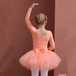 儿童舞蹈服女童练功服春季长袖，橘色考级连体幼儿，芭蕾舞蝴蝶亮片裙