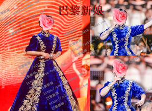 2023宝蓝色泡泡袖旗袍立领中国风歌唱比赛音乐会演出礼服