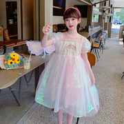 女童绚丽公主裙夏季泡泡，袖彩虹渐变礼服连衣裙，儿童演出裙表演服