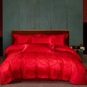 100S全棉大红色婚庆四件套结婚床上用品纯棉提花被套床单床盖款