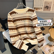 女士毛衣秋装，2023年韩版条纹宽松针织衫，短款上衣秋打底衫女