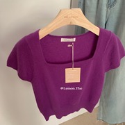 葡萄深紫色针织短袖方领t恤杭州四季青广州十三行高端女装上衣夏