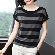 韩国女士短袖t恤纯棉，2024夏装洋派，小衫大尺码休闲条纹中袖上