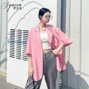短袖西装外套女夏季设计感宽松显瘦高级感雪纺薄款粉色小西服