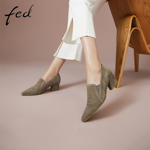 fed法式单鞋2023年春季女鞋反绒深口粗跟高跟鞋r0213-zfb001