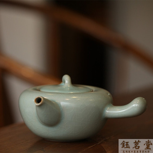 台湾茶具 晓芳窑 汝窑早期粉青开片刻款侧把壶  晓芳窑粉青茶壶