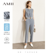 Amii2024夏通勤优雅凉感雪纺衫休闲长裤两件套纯色百搭套装