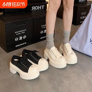 羊皮版~增高厚底系带小白鞋圆头8cm帆布休闲鞋女春秋新款松糕单鞋
