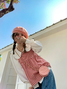 复古元气少女红粉格子2023年夏小众(夏小众)设计宽肩带可调节吊带背心