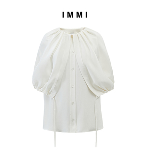 设计师品牌immi春夏，白色桑蚕丝大翻领，无袖上衣101tp801a