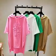 香港粉色大码短袖t恤女夏装，连帽蝙蝠衫中长款米奇刺绣体恤裙