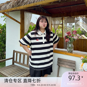 YUZI鱼子上衣POLO衫短袖T恤大码女装微胖mm显瘦遮肉200斤减龄条纹