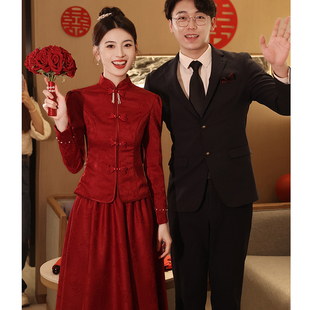 旗袍敬酒服新娘2023酒，红色订婚礼服裙，中式结婚高级感长袖冬季