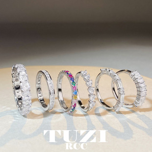 tuzi培育钻石排钻戒指，女925纯银满天星，时尚婚戒食指环中尾戒