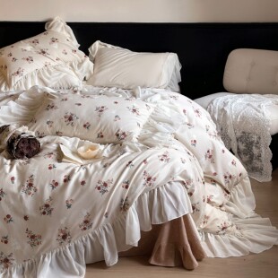 复古玫瑰︱全棉斜纹印花少女床上四件套精梳纯棉荷叶花边被套床单