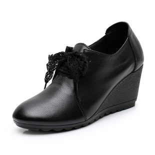 真皮高跟鞋深口坡跟女鞋秋季舒适单鞋时尚女士系带鞋黑色34码皮鞋