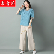 民族风复古亚麻短袖T恤女夏中国风中式唐装斜襟盘扣棉麻上衣套装