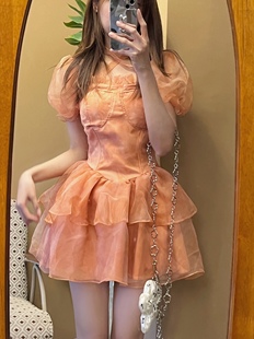 橘色欧根纱甜美公主连衣裙带，胸垫方领泡泡袖收腰显瘦蓬蓬裙蛋糕裙