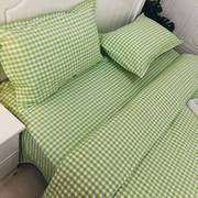 老粗布纯棉加厚绿色小格子床单被单被套三四件套家纺双人