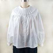年原创设计百褶领衬衫白色棉麻衬衣，别致甜美娃娃领上衣