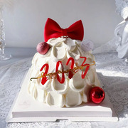 2023跨年新年蛋糕 新年红色蝴蝶结亚克力新年快乐蛋糕插件装饰