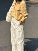 日系慵懒白色棉麻柔软舒适休闲裤子女款小个子百搭时髦阔腿裤