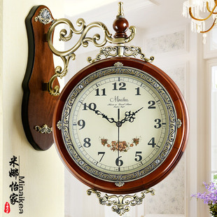 欧式客厅挂钟双面时尚，实木两面艺术静音时钟钟表，家用创意个性挂表