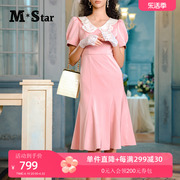 M-Star明星系列夏季粉色复古娃娃领连衣裙女鱼尾裙短袖裙子