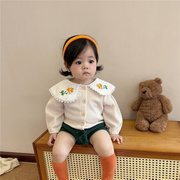 ins韩版婴儿秋装华夫格绣花领小外套女宝宝长袖百搭针织开衫上衣
