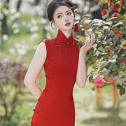 新中式国风红色改良无袖旗袍，女2024夏季小个子新婚，敬酒服连衣长裙