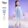 迪士尼女童装夏短袖套装甜美公主艾莎网纱拼接中长款T恤上衣7分裤