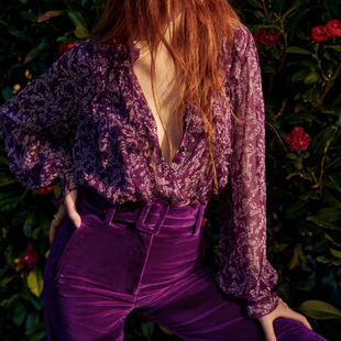 性感紫色烫金印花荷叶，边翻领法式雪纺碎花，薄衬衣衬衫2024春夏