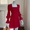 轻奢名媛红色礼服裙法式复古泡泡袖方领收腰显瘦长袖连衣裙