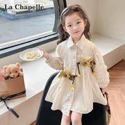 拉夏贝尔女童连衣裙，春款儿童时髦洋气衬衫裙，2024小童长袖春装