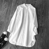 欧美春秋立领显瘦中长款纯棉白衬衣(白衬衣)女装，长袖宽松休闲衬衫上衣大码