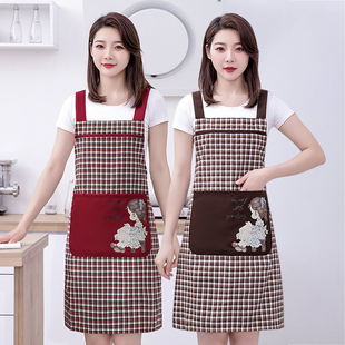 韩版女士时尚细纱棉布围裙家用厨房，做饭洋气格子透气背带围腰