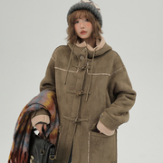 girlyhalo美式复古麂皮绒羊羔，毛外套(毛外套)女冬连帽加绒加厚中长款大衣