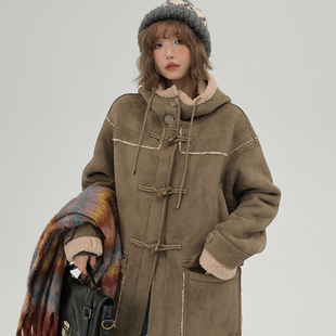girlyhalo美式复古麂皮绒羊羔，毛外套(毛外套，)女冬连帽加绒加厚中长款大衣