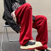 酒红色裤子oversize设计感美式hiphop卫裤男古着vintage破洞长裤