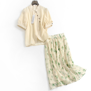 纯色显瘦短款立领减龄泡泡短袖女衬衫+绿色印花半身裙女套装A468