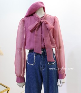树莓粉高级衬衫2023秋冬法式温柔蝴蝶结百搭甜美长袖雪纺上衣