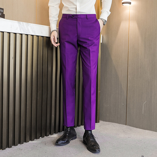 紫色男士西装裤英伦修身大码裤子，免烫抗皱休闲裤夏季男小脚直筒裤