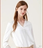 衬衫高端时尚纯色v领拼接镂空袖设计宽松百搭雪纺上衣0.15