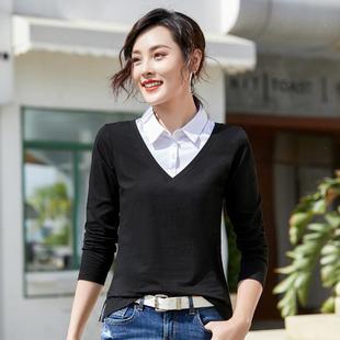 大码女装初秋假两件t恤女长袖黑白衬衫，领韩版上衣打底6712-1
