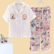 安之伴睡衣夏季女士冰丝可爱卡通韩版时尚短袖长裤开衫家居服套装
