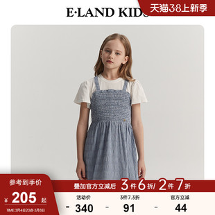 eland kids衣恋童装夏季女童复古甜美格纹假两件连衣裙
