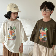 儿童卡通印花五分袖上衣夏季韩系男女童宽松字母短袖T恤休闲