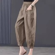 棉麻休闲裤女宽松中年妈妈，裤子夏季薄款女士大码亚麻九分裤哈伦裤